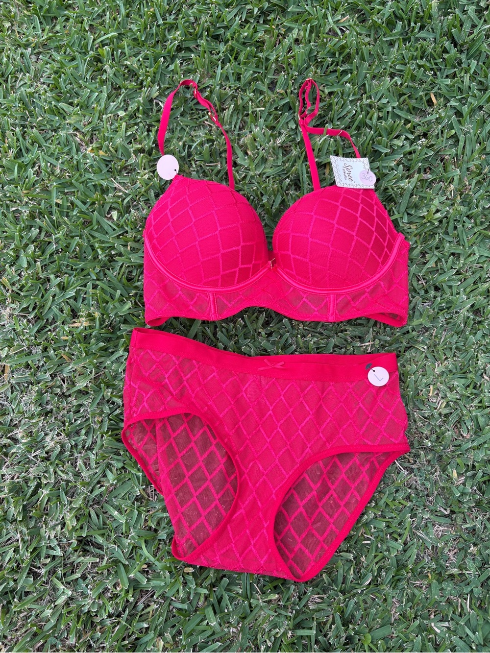 Unbranded Women's Bright Pink Lattice Lace Bra & Brief Set